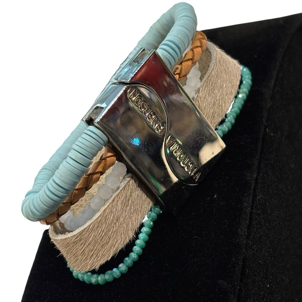 Victoria Emerson Blue Multi Strand Boho Faux Turquoise Leather Bracelet Magnetic